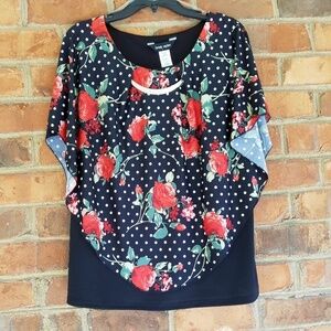 Brody Myles Dark Floral Blouse Komono Style L Black Red White Polka Dot